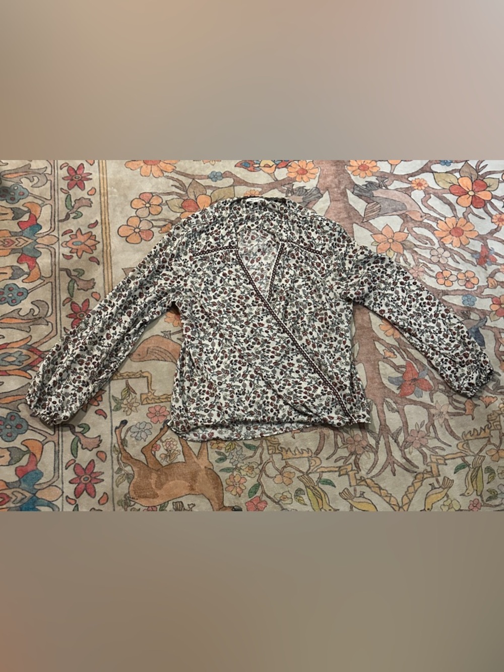 Max Studio Cream Floral Print Wrap Blouse with Brown Accents